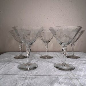 Etched Floral Crystal Martini Glasses Set Of 5 vintage 5.5” tall